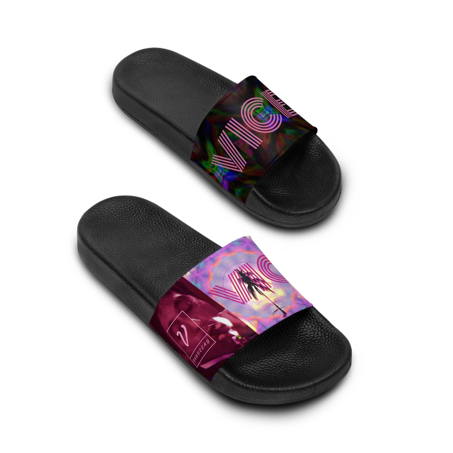 Slide Sandals - Womens Vices Trippy Abstract Colorful Vandelay Logo Design