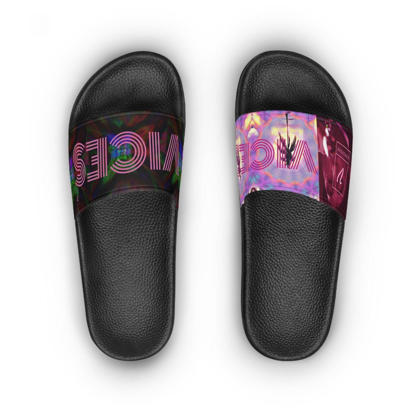 Slide Sandals - Womens Vices Trippy Abstract Colorful Vandelay Logo Design